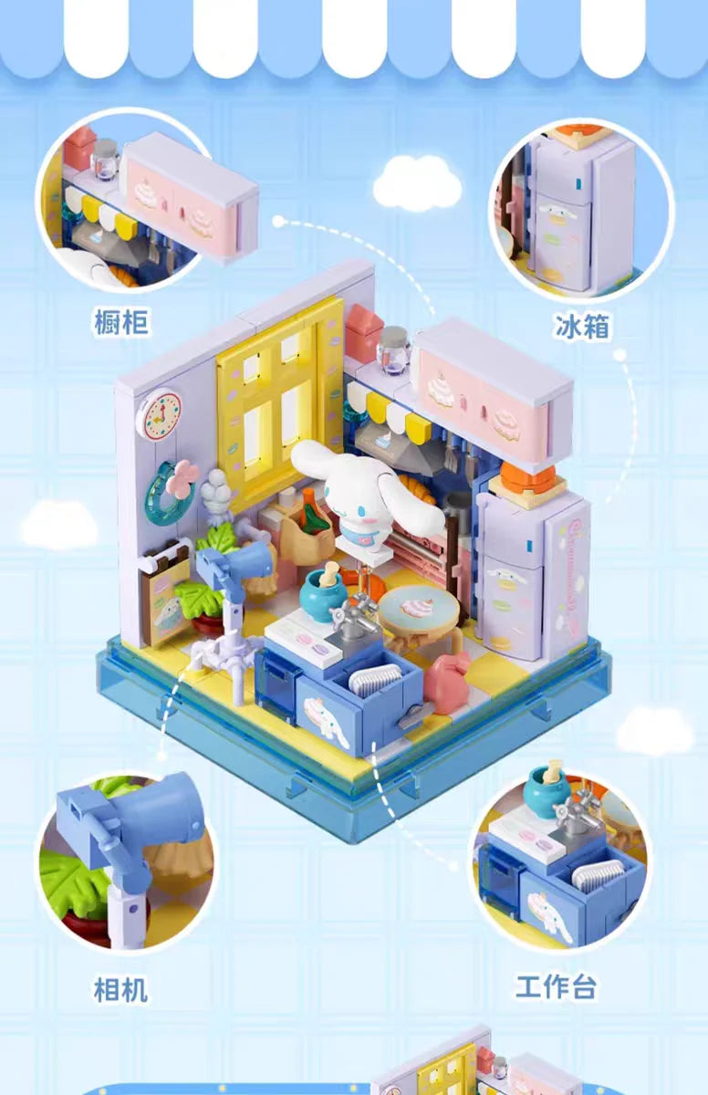 Sanrio AREA-X Building Blocks Mini Shop Set with Blind Box Kuromi Cinnamoroll Hangyodon Kawaii Bricks Girls Fans Birthday Gift