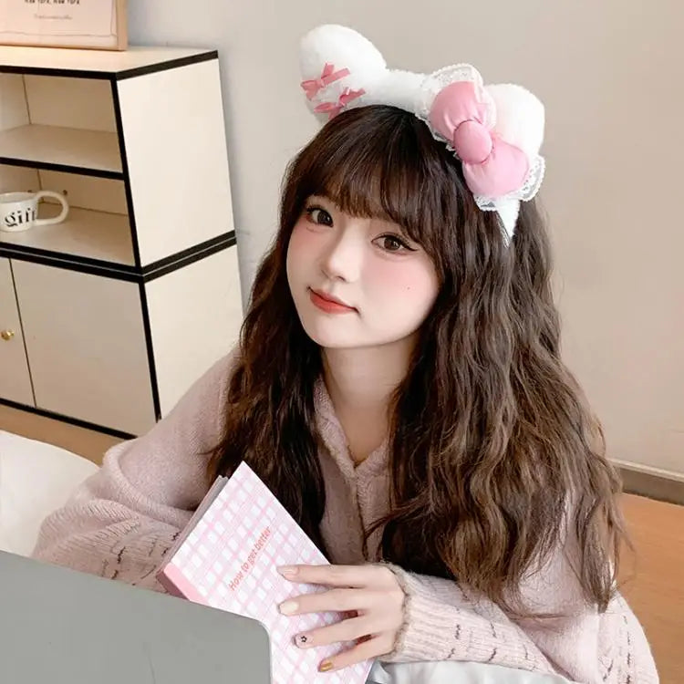 Kawaii Hello Kitty Plush Hairband My Melody Kuromi Pink Black Bow Plush Headband Cosplay Halloween Costume Hair Accessory Gift