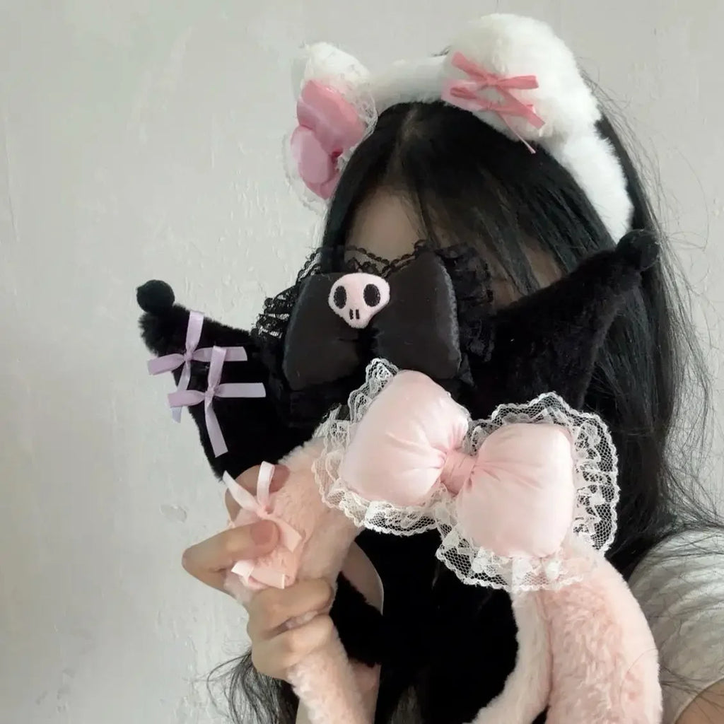 Kawaii Hello Kitty Plush Hairband My Melody Kuromi Pink Black Bow Plush Headband Cosplay Halloween Costume Hair Accessory Gift