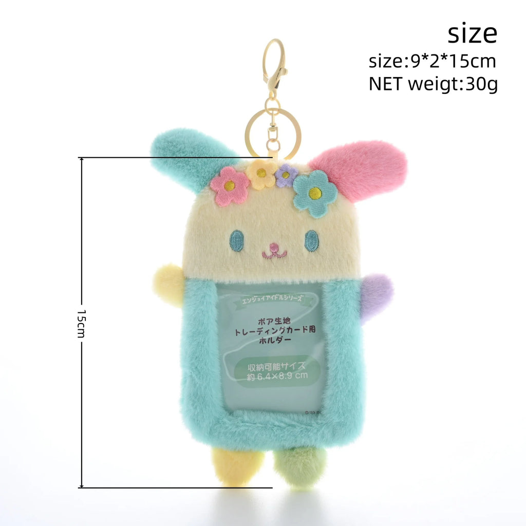 Sanrio Usahana Flower Bunny Plush Card Holder Keychain – Fluffy Rainbow ID Wallet Pendant