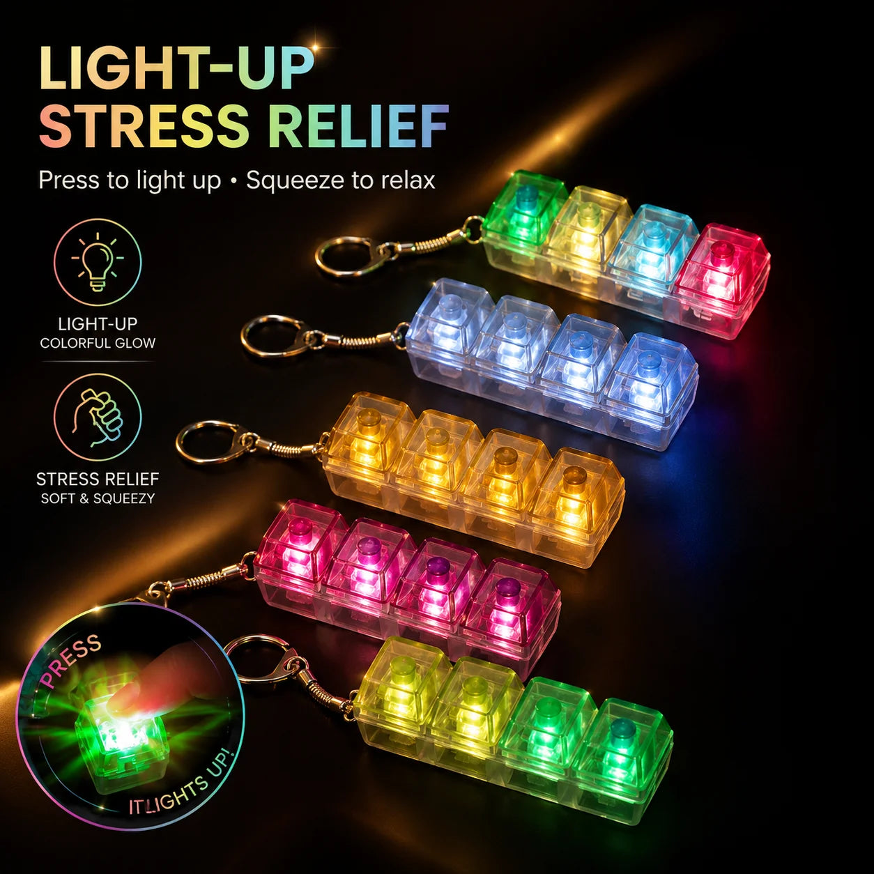 Keyboard Fidget Toys LED Crystal Keycap Keychain Stress Relief Fingertip Gadget Decompression Toys Clicker Fidget Toy