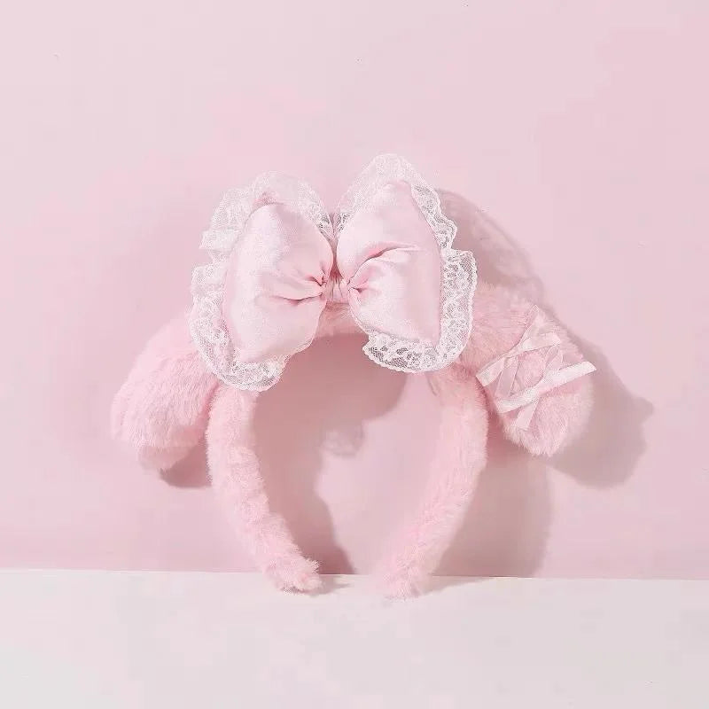 Kawaii Hello Kitty Plush Hairband My Melody Kuromi Pink Black Bow Plush Headband Cosplay Halloween Costume Hair Accessory Gift