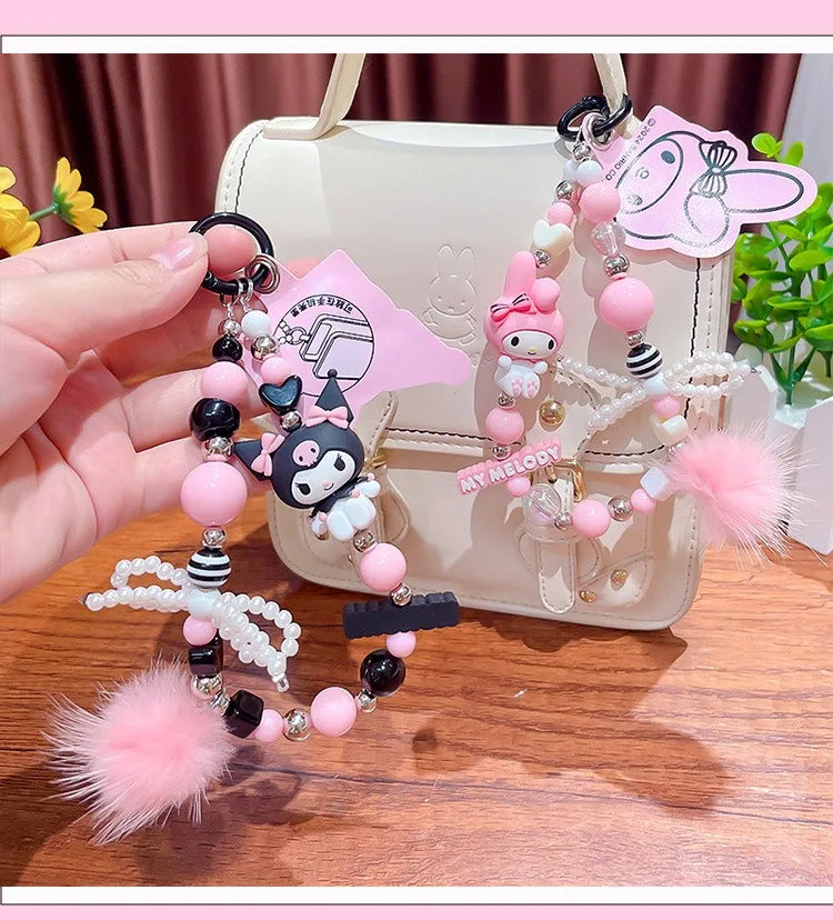 Sanrio Kuromi & My Melody Beaded Bracelet Keychain - Cartoon Bag Charm Wrist Strap Phone Anti-Lost Chain - Kawaii Gift
