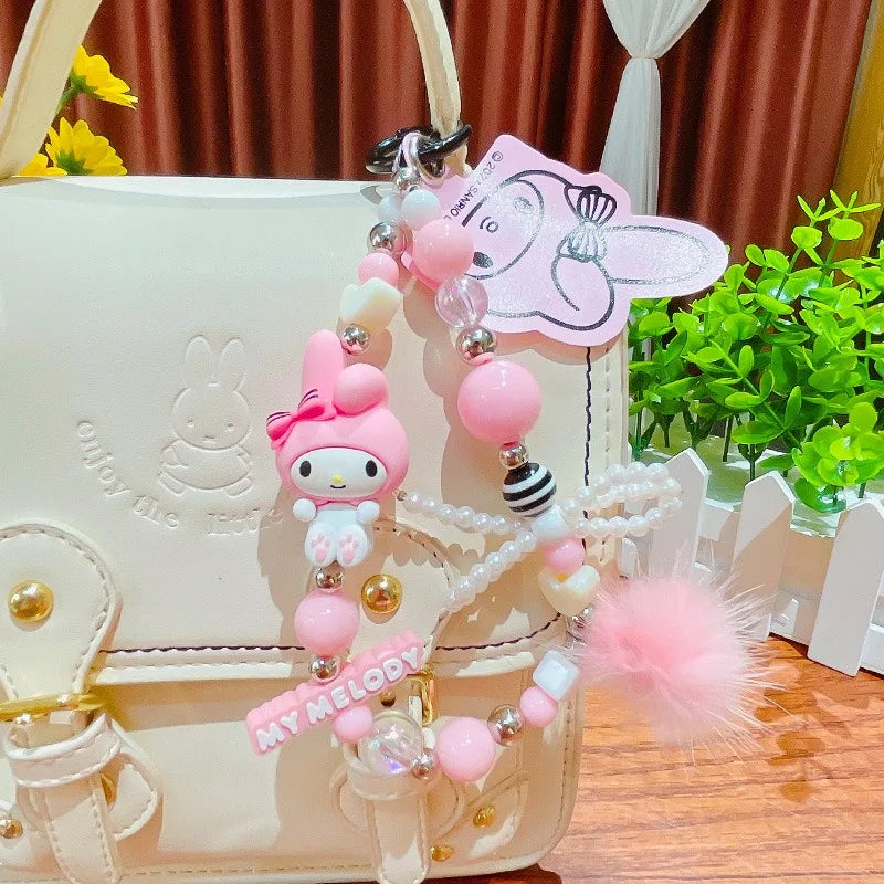 Sanrio Kuromi & My Melody Beaded Bracelet Keychain - Cartoon Bag Charm Wrist Strap Phone Anti-Lost Chain - Kawaii Gift