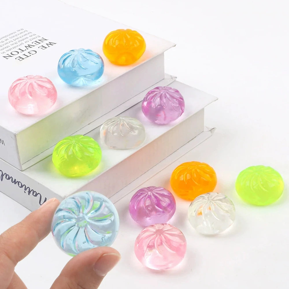 Mini Steamed Bun Squishy Toy Set – 5 Crystal Squeeze Buns with Steamer Basket | Cute Food Fidget Toy & Gift