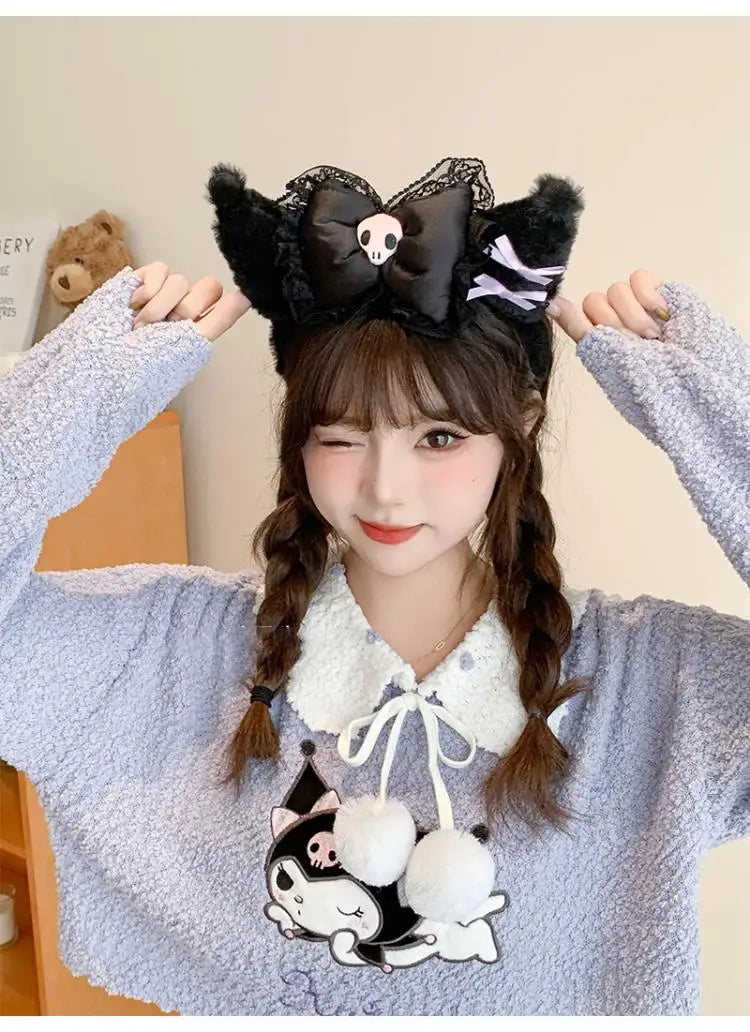 Kawaii Hello Kitty Plush Hairband My Melody Kuromi Pink Black Bow Plush Headband Cosplay Halloween Costume Hair Accessory Gift