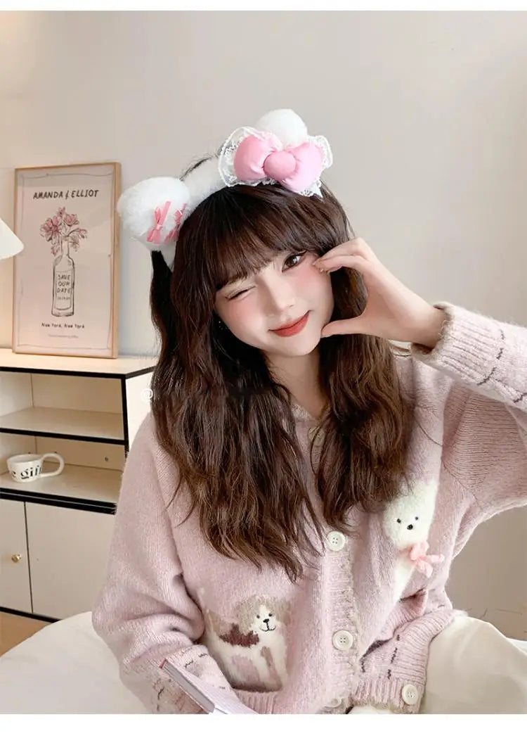 Kawaii Hello Kitty Plush Hairband My Melody Kuromi Pink Black Bow Plush Headband Cosplay Halloween Costume Hair Accessory Gift