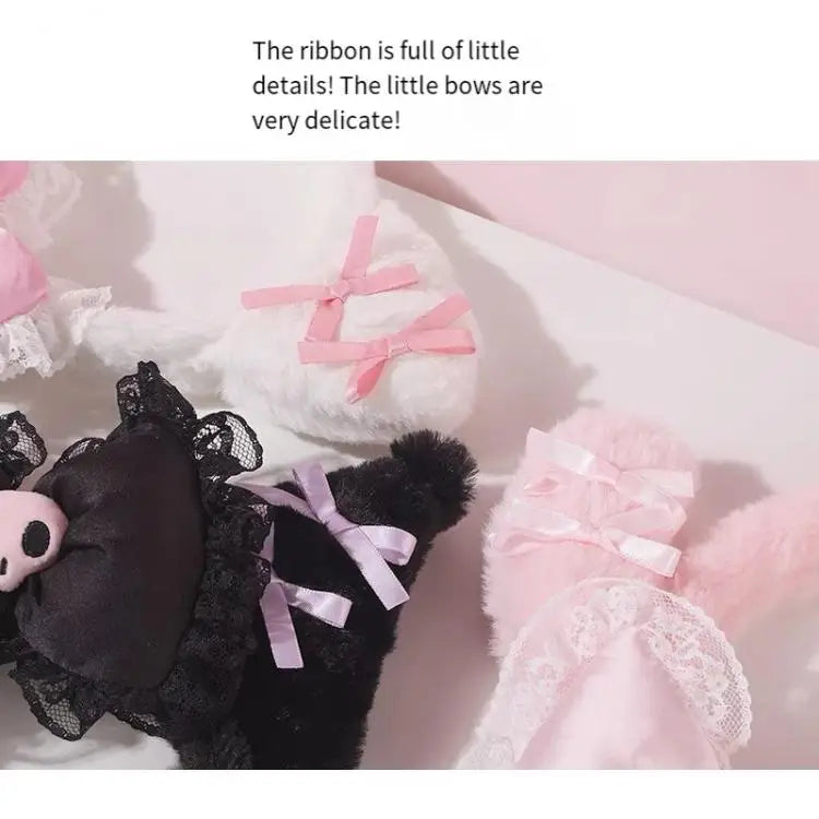 Kawaii Hello Kitty Plush Hairband My Melody Kuromi Pink Black Bow Plush Headband Cosplay Halloween Costume Hair Accessory Gift
