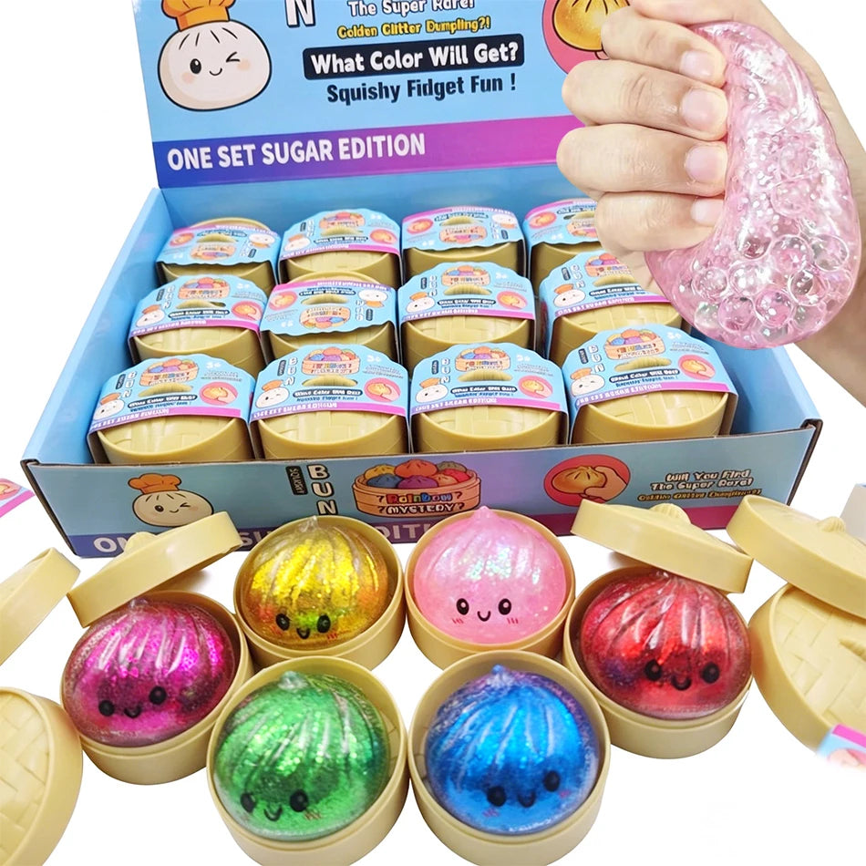 Mini Glitter Dumpling Squishy with Box Dumplings Sensory Steamer Soft Dough Ball for Decompression Fidget Toy Stress Relief Gift