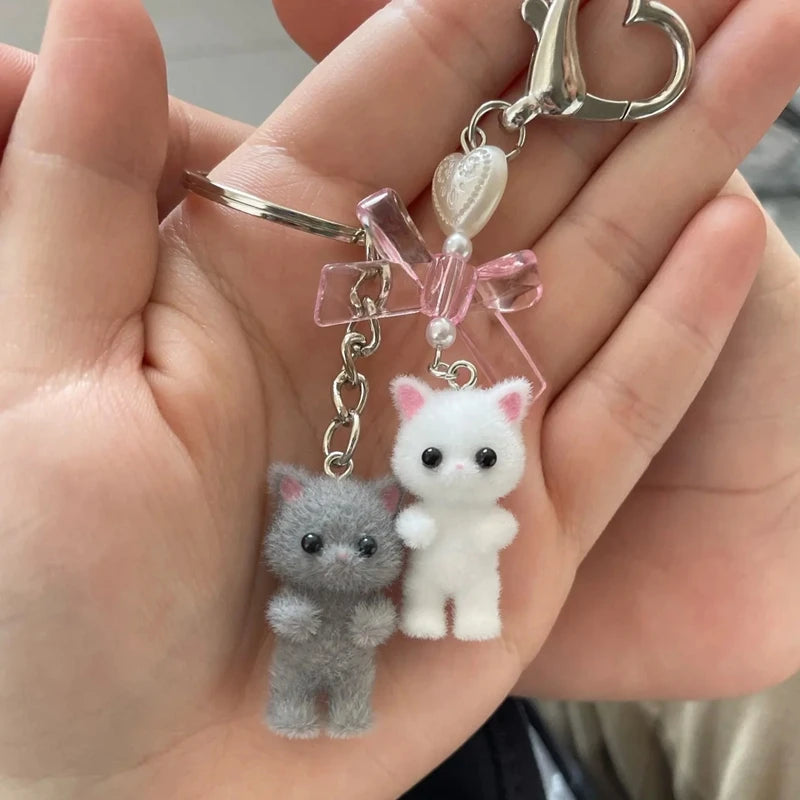 Kawaii Fuzzy Kitty Cat Keychain – Cute Heart & Bow Kitten Bag Charm