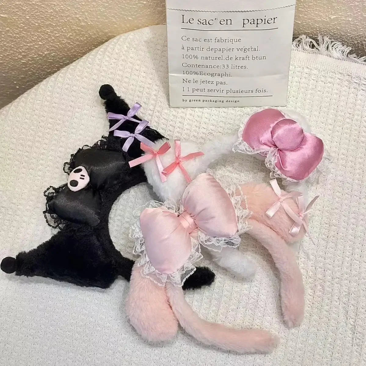 Kawaii Hello Kitty Plush Hairband My Melody Kuromi Pink Black Bow Plush Headband Cosplay Halloween Costume Hair Accessory Gift