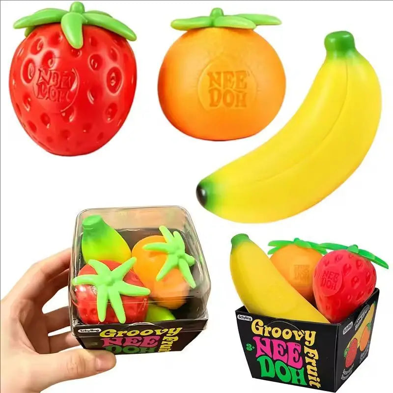 Fruit NeeDoh Squishy Toy Set – Simulated Strawberry, Banana & Orange Slow Rising Fidget Toys