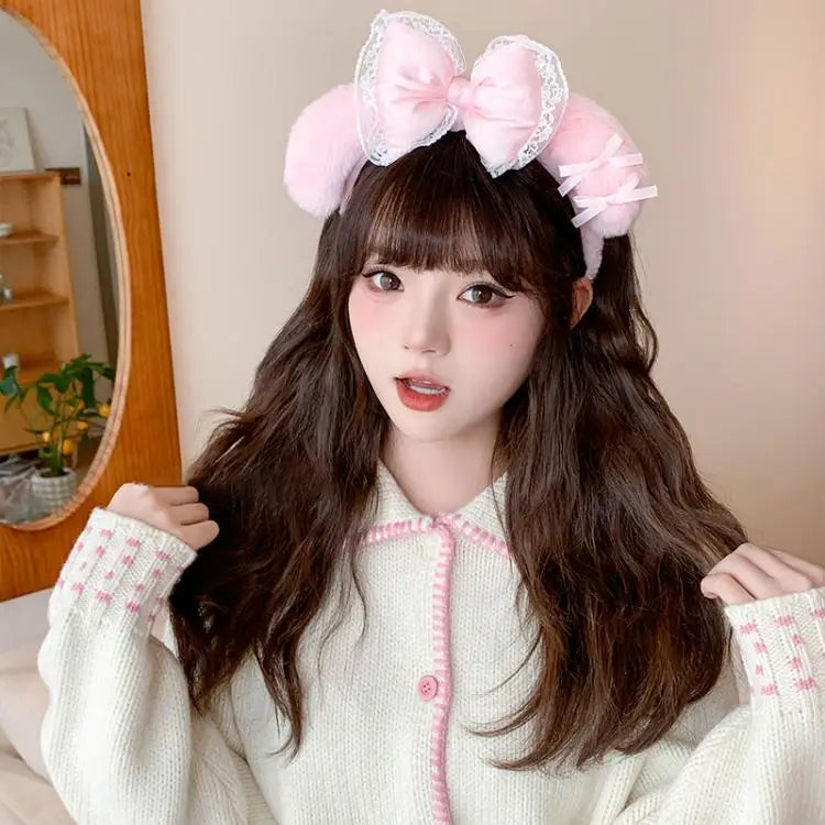 Kawaii Hello Kitty Plush Hairband My Melody Kuromi Pink Black Bow Plush Headband Cosplay Halloween Costume Hair Accessory Gift