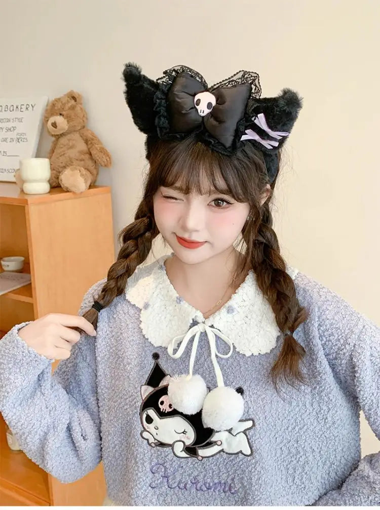 Kawaii Hello Kitty Plush Hairband My Melody Kuromi Pink Black Bow Plush Headband Cosplay Halloween Costume Hair Accessory Gift