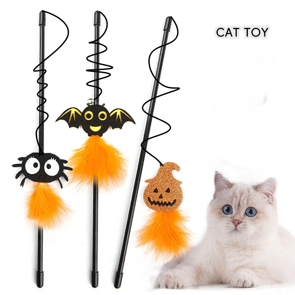 Halloween Cat Toys Interactive Wire Teasing Cat Bat Pumpkin Spider Stick Supplies Pet Toy Fun Pet Toy Pole