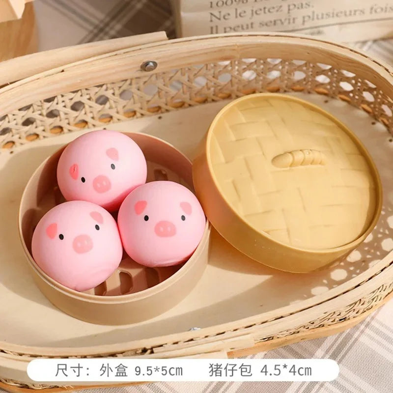 Cute Pig Panda Dumpling Squishies Toy with Steamer, Squishy Dough Ball Party Favor Stress Relief Gift, Kawaii Food Squeeze Toys