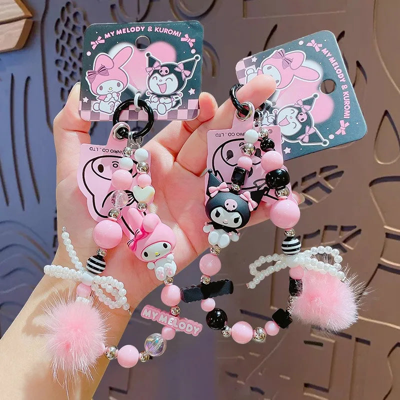 Sanrio Kuromi & My Melody Beaded Bracelet Keychain - Cartoon Bag Charm Wrist Strap Phone Anti-Lost Chain - Kawaii Gift