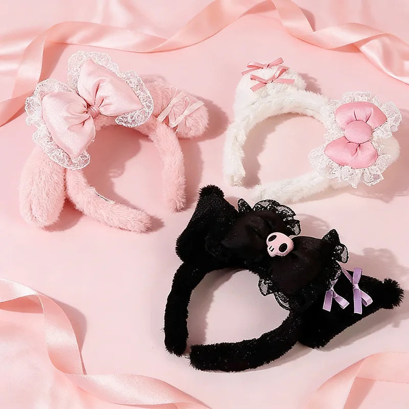 Kawaii Hello Kitty Plush Hairband My Melody Kuromi Pink Black Bow Plush Headband Cosplay Halloween Costume Hair Accessory Gift