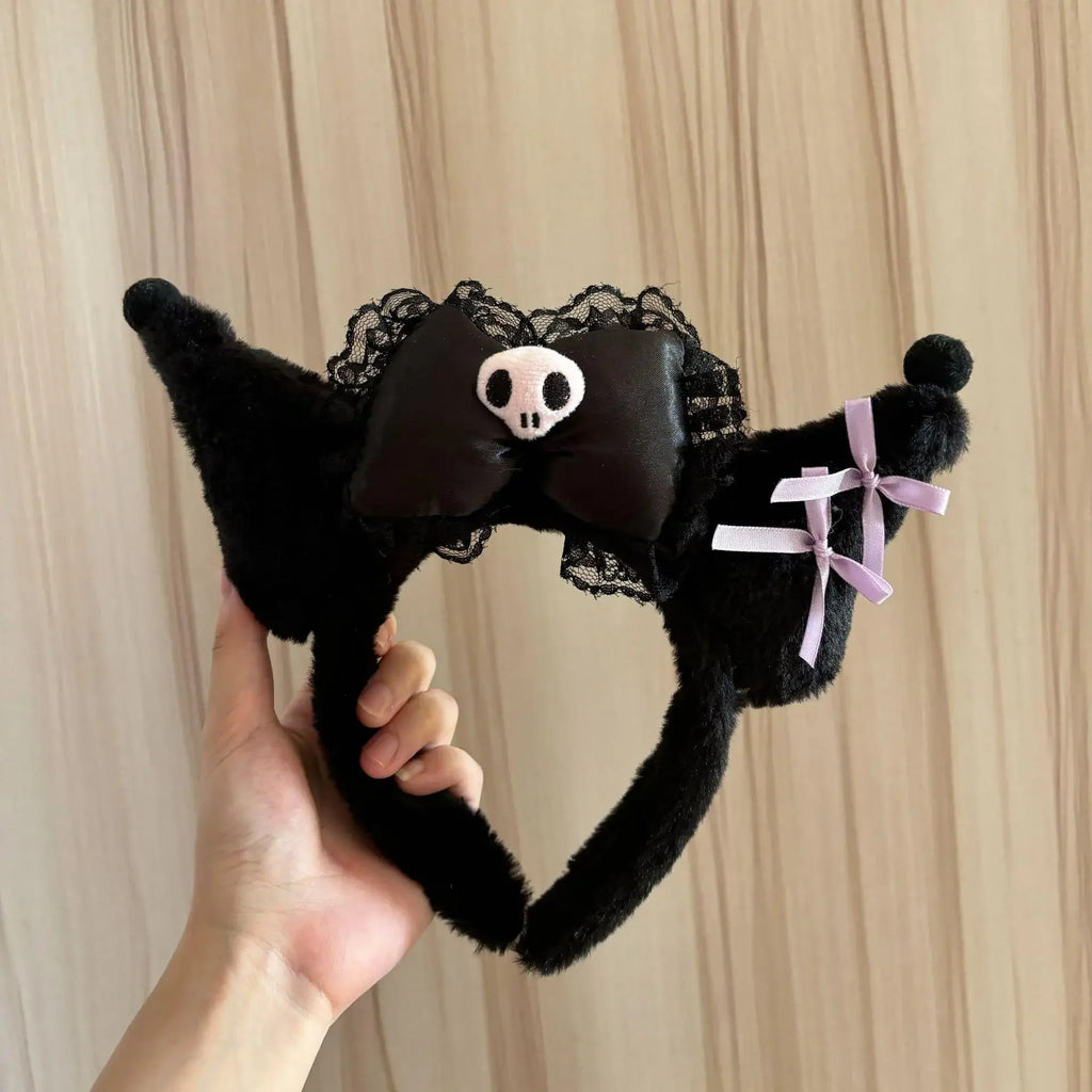 Kawaii Hello Kitty Plush Hairband My Melody Kuromi Pink Black Bow Plush Headband Cosplay Halloween Costume Hair Accessory Gift