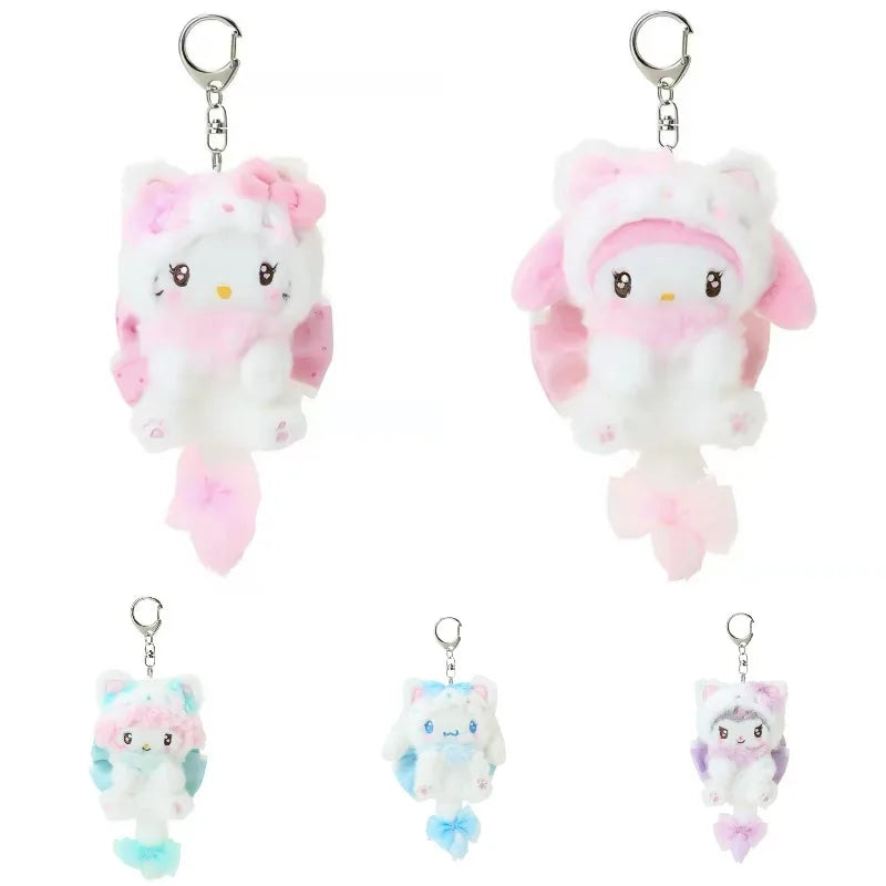 Sanrio Cream Cat Series Fluffy Tail Plush Keychain – Hello Kitty, Kuromi, My Melody & Cinnamoroll Backpack Charm
