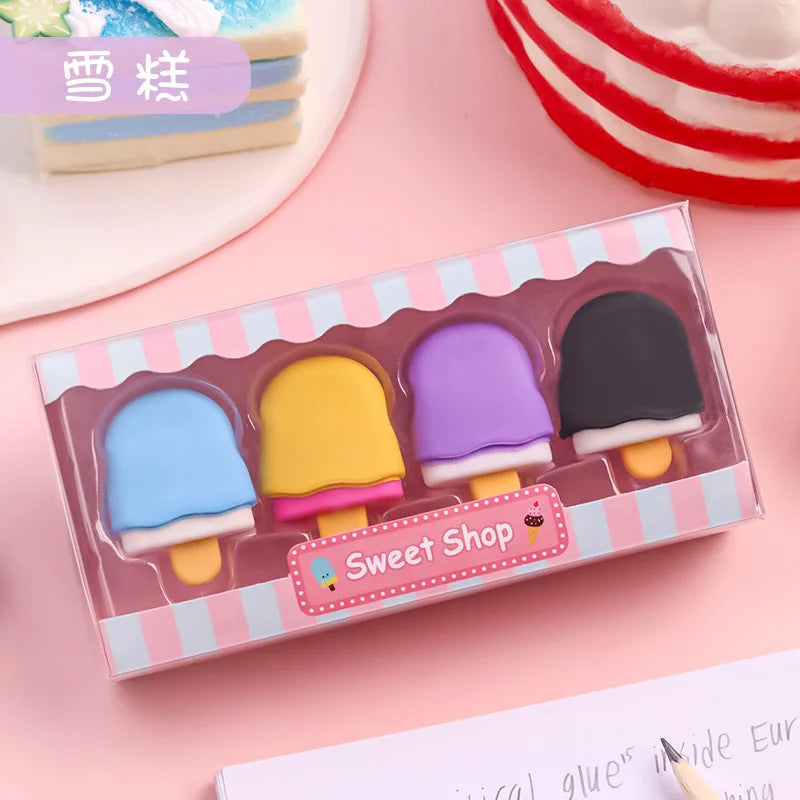 4pcs Yummy Icecream Erasers Set Mini Lollipop Dessert Popsicle Donuts Rubber Pencil Eraser for Kids Gift School Student Award