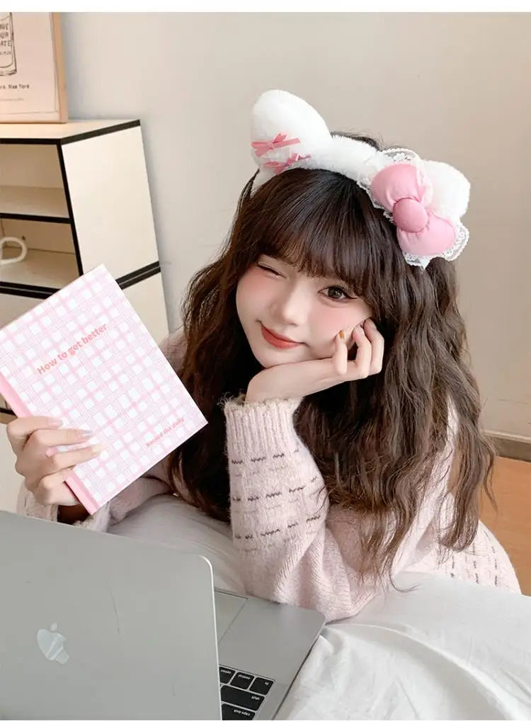 Kawaii Hello Kitty Plush Hairband My Melody Kuromi Pink Black Bow Plush Headband Cosplay Halloween Costume Hair Accessory Gift
