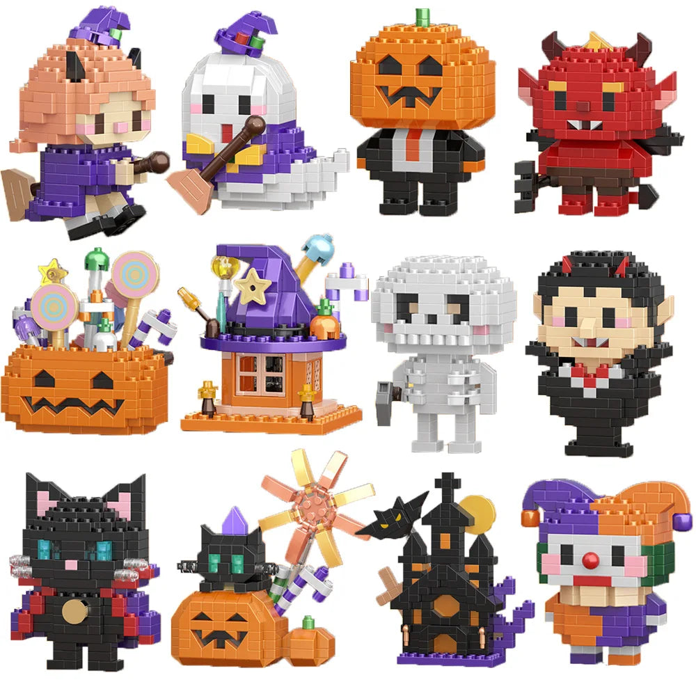Mini Halloween Building Blocks Pumpkin Man Joker Ghost Demon Witch Vampire Castle Assembly Bricks Model Toys For Kids Gift