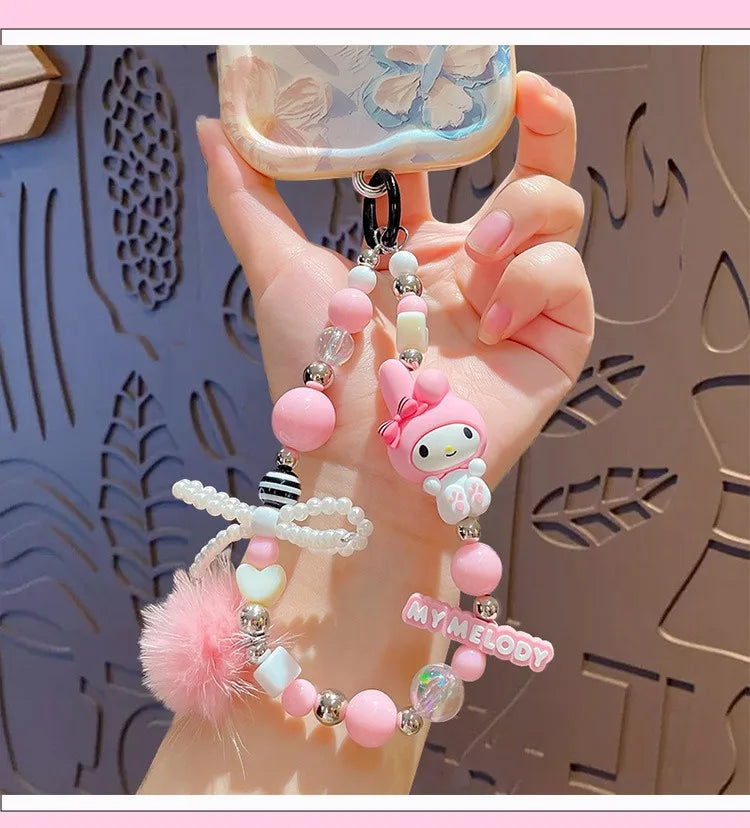 Sanrio Kuromi & My Melody Beaded Bracelet Keychain - Cartoon Bag Charm Wrist Strap Phone Anti-Lost Chain - Kawaii Gift