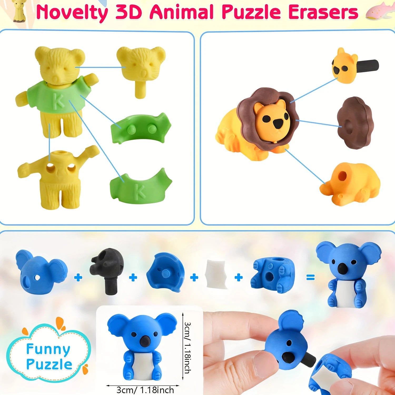 30 Random Cute Animal Erasers, Colorful Mini Erasers, Student Desktop Stationery Supplies, Party Gifts, School Gift Supplies